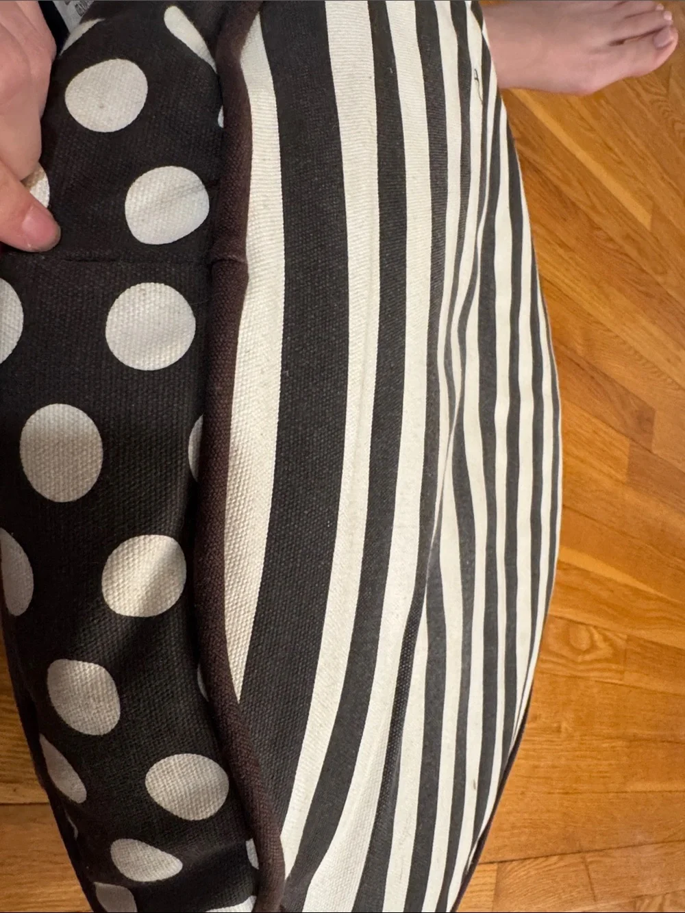 henri bendel Brown and White Polka Dot Round Dog Bed sleeping in stripes